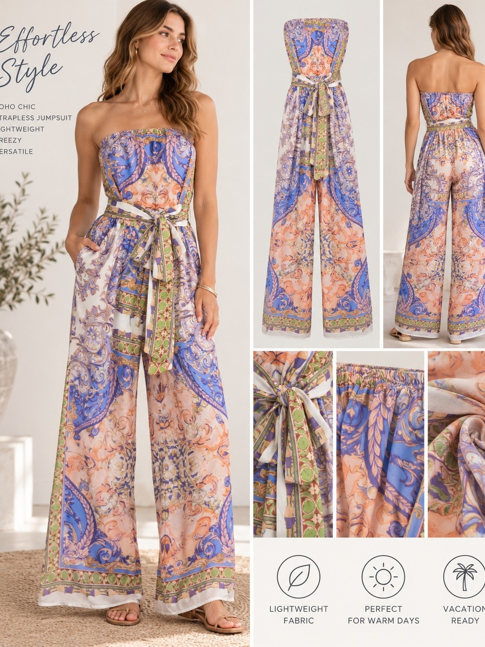 Strapless Paisley Print Jumpsuit in Blue & Peach